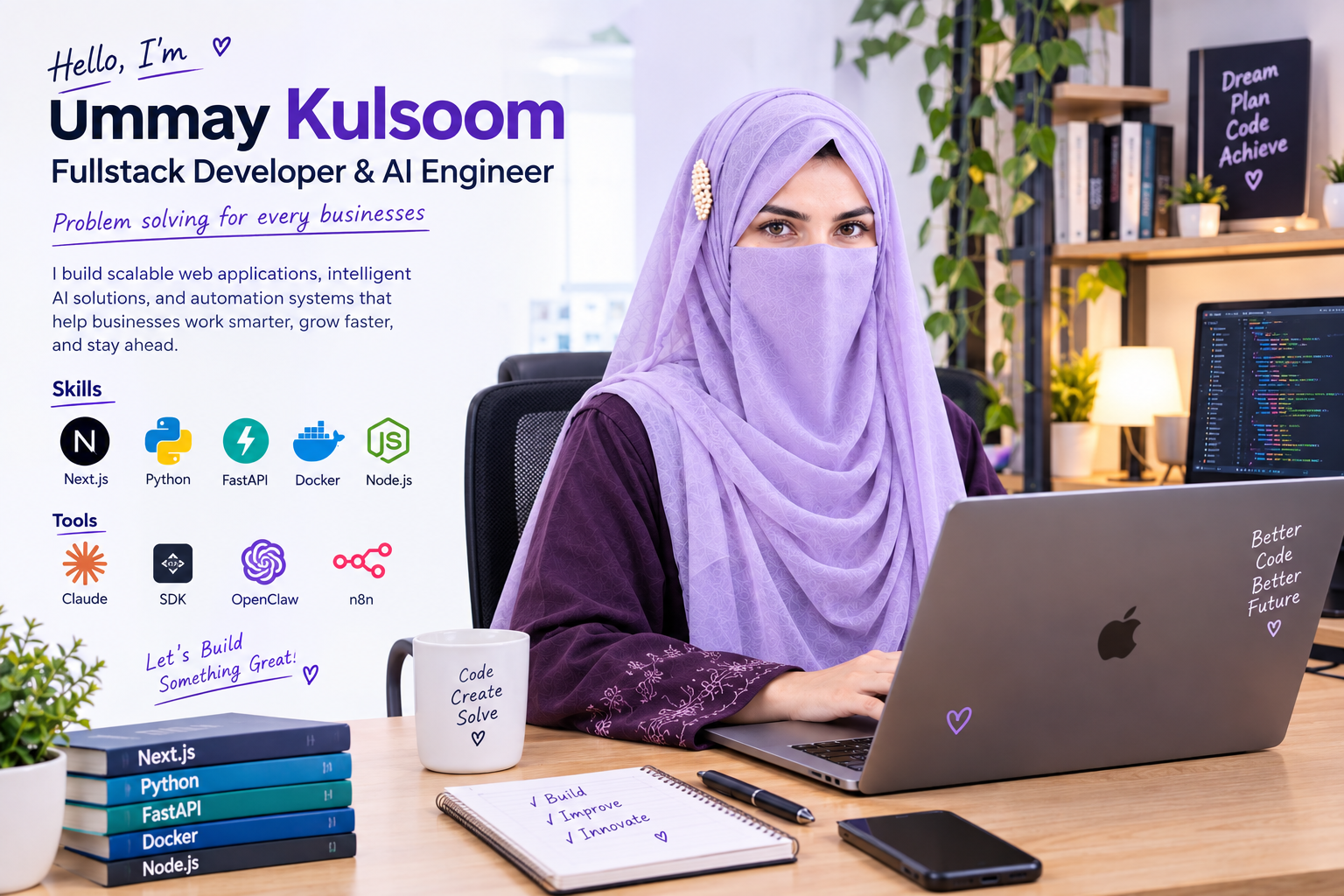 Why work with Ummay Kulsoom - fullstack expertise, AI-powered solutions, problem-solving mindset, reliable communication